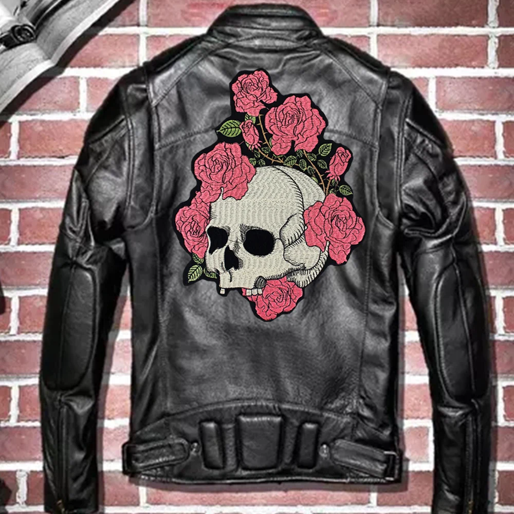 Rózsaszín rózsa koponya motoros felvarró Kabát hordozó, punk motorkerékpár hímzés csontváz motoros jelvény, koponya javítás Ruha Kiegészítő2