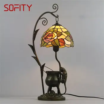 SOFITY Tiffany asztali Lámpa LED-es Évjárat Színes Üveg Kreatív Macska asztali Lámpa Divat Dekoráció Otthon Hotel Hálószoba Éjjeli