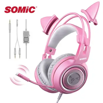 SOMIC G951s Rózsaszín Vezetékes Headset Játékos, Rózsaszín Macska Fülében Fülhallgató Aranyos PS4 Telefon, SZÁMÍTÓGÉP, Mikrofon, 3,5 mm-es Játék Telefon PS4 Overear Játékos