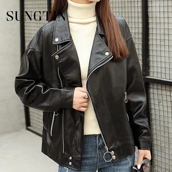 Sungtin Fekete Divat Laza Műbőr Kabát Női Őszi Rendszeres Moto PU Bőr Kabát Női Vintage Streetwear BF 2023