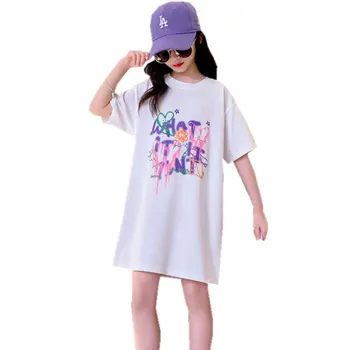 T-shirt a Tinédzser Gyermek Ruházat Nyári Baba Lányok Rajzfilm Minta Nyomtatás Alkalmi Póló Ruha, Új koreai O-Nyak Jelmezek
