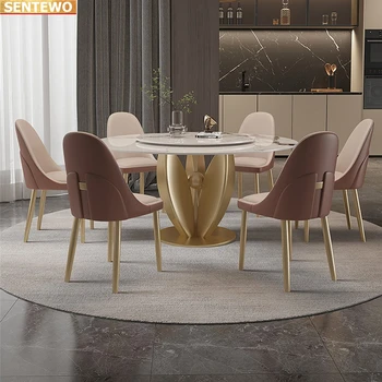 Tervező Luxus kerek vacsora Márvány Kő Födém étkezési terített asztal 6 szék mesa de jantar tisch bútor Rozsdamentes acél arany bázis