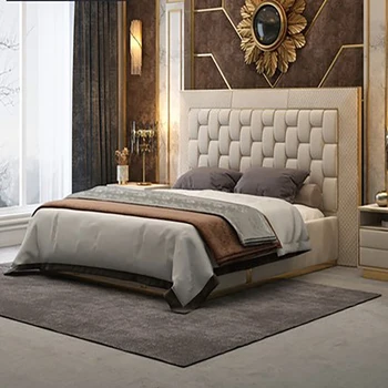 Villa high-end luxus fény luxus bőr ágy modern Hong Kong-stílusú tároló ágy esküvői ágy, hálószoba high-end kétszemélyes ágy