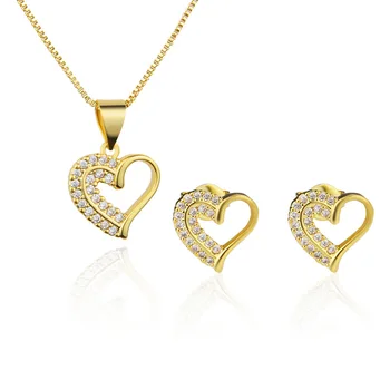 WANGAIYAO új divat egyszerű cirkónium szív nyaklánc fülbevaló szett női réz-arany-bevonatú szerelem medál kulcscsont lánc, fülbevaló