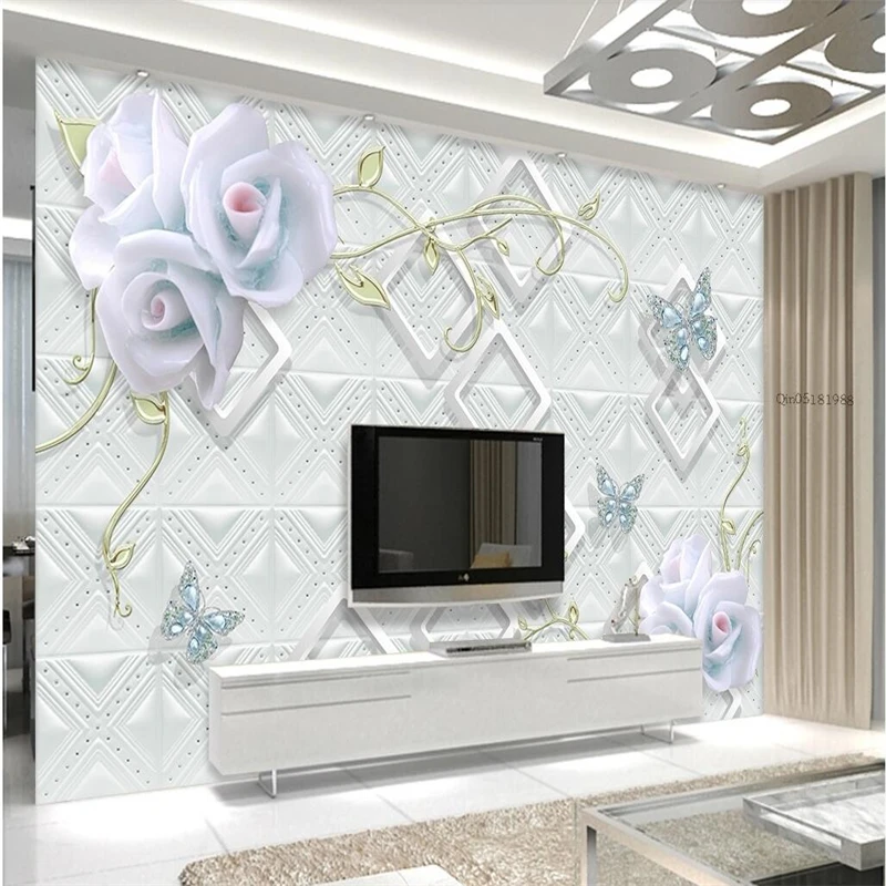 wellyu Egyszerű gyönyörű fehér dombornyomott három-dimenziós virágok 3D TV háttér fal egyéni nagy falfestmény, zöld háttérkép1