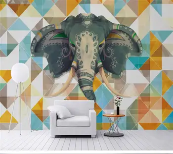 wellyu Egyéni nagy falfestmény 3D kézzel festett elefánt geometriai színes blokk háttér freskó nappali háttérképet