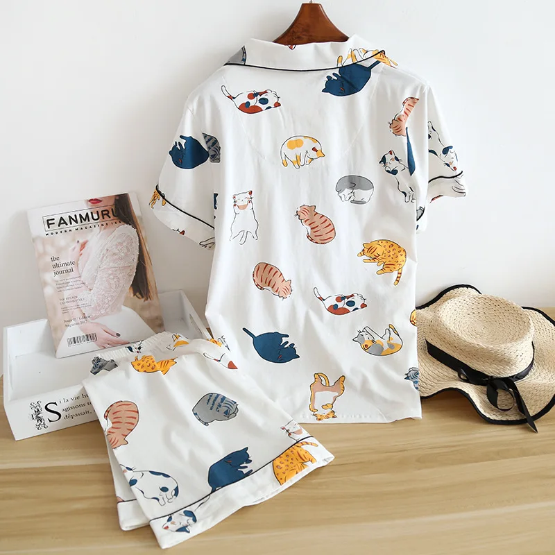 A Nők 100% Pamut, Rövid Ujjú Pizsama Nadrág Korea Nyomtatás Macska Pijama Mujer Aludni Homewear Női Hálóruha3