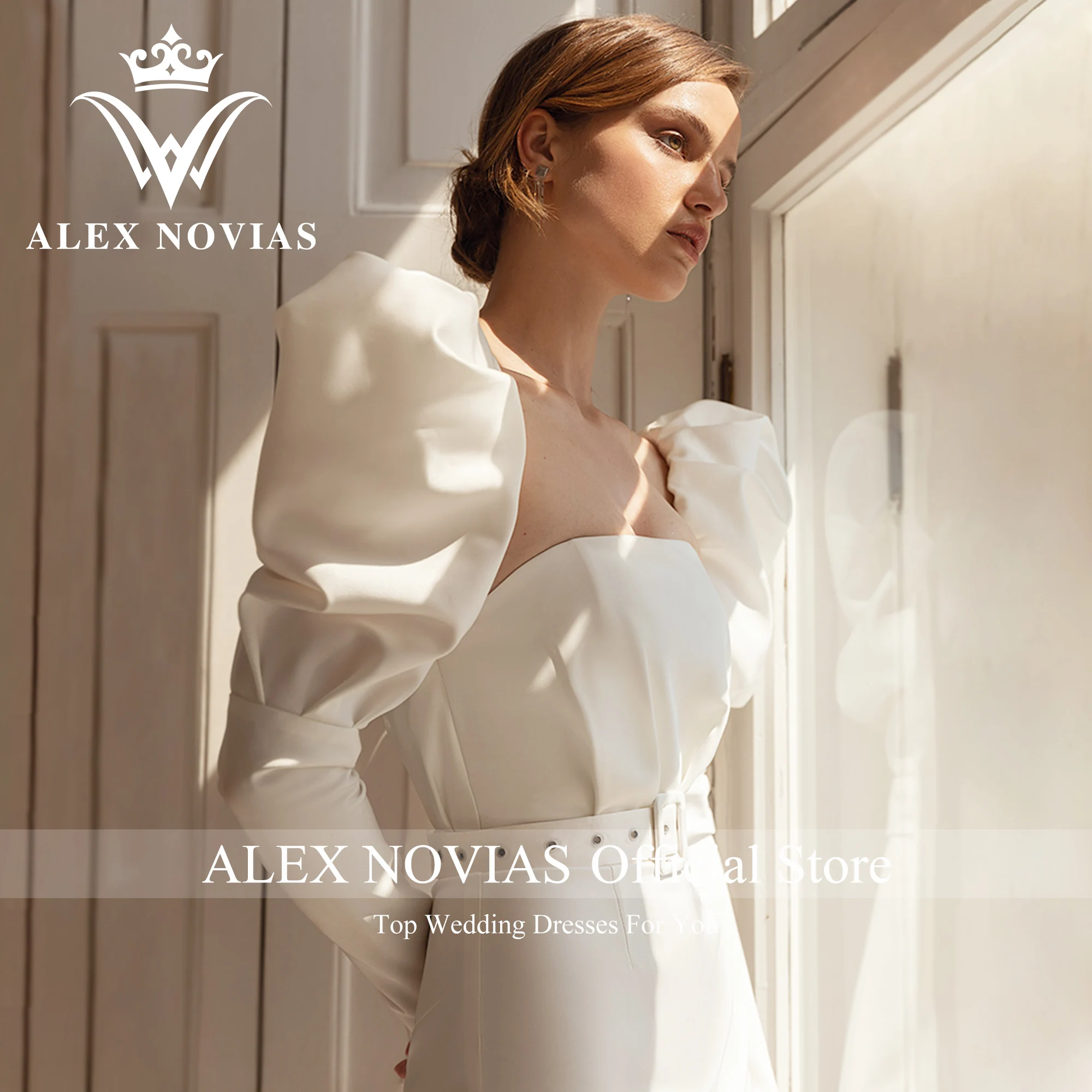 ALEX NOVIAS Mini Hableány Hosszú Ujjú Esküvői Ruha, Öv 2023 Vállnélküli Puff Ujjú Szatén Ruha Vestidos Novias De Saten1