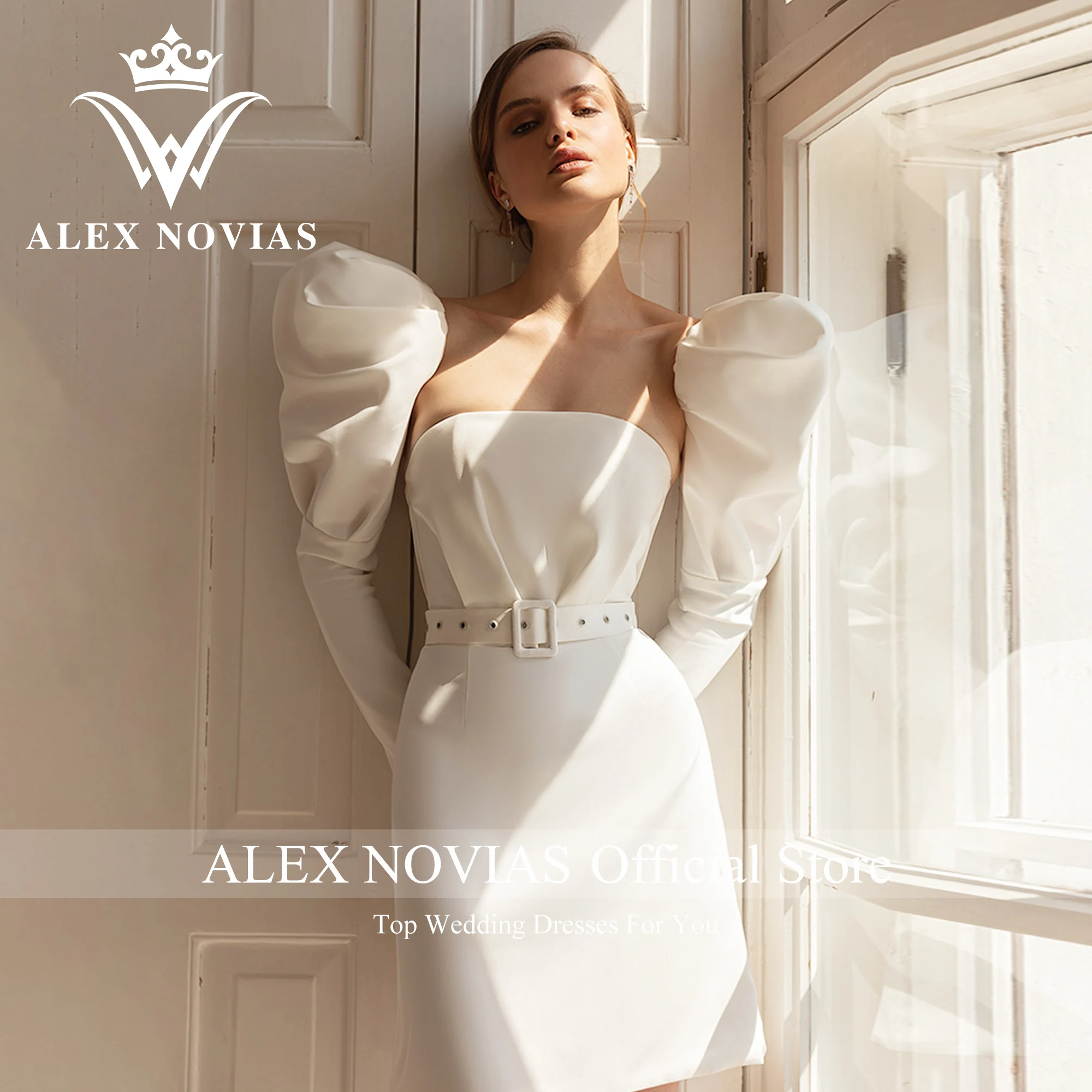 ALEX NOVIAS Mini Hableány Hosszú Ujjú Esküvői Ruha, Öv 2023 Vállnélküli Puff Ujjú Szatén Ruha Vestidos Novias De Saten2