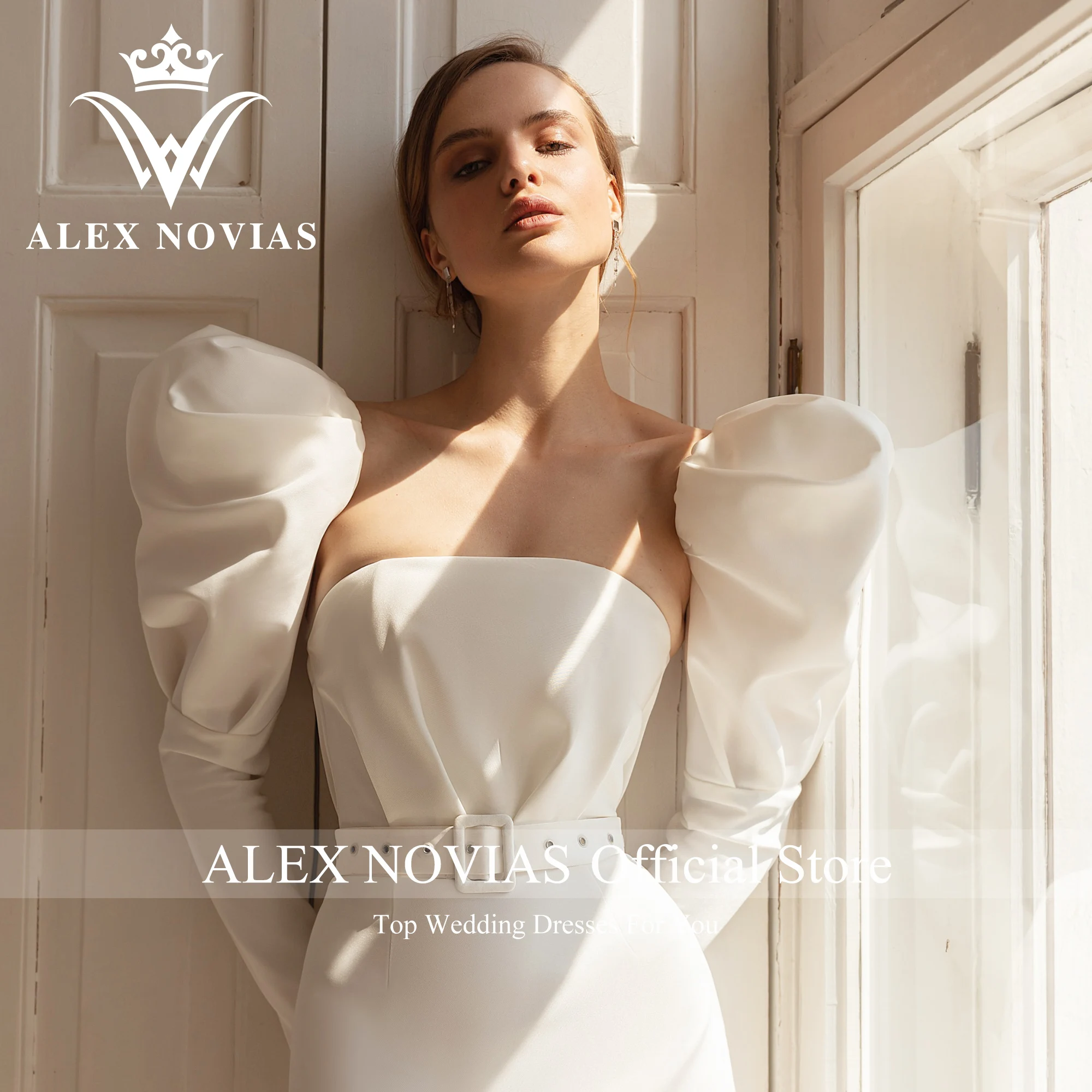 ALEX NOVIAS Mini Hableány Hosszú Ujjú Esküvői Ruha, Öv 2023 Vállnélküli Puff Ujjú Szatén Ruha Vestidos Novias De Saten4