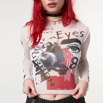 Divat Háló Gótikus Esztétikai Lásd Keresztül Női pólók Grunge Szexi Nyomtatott Bodycon Termés Maximum Punk E-lány Hosszú Ujjú Ruha