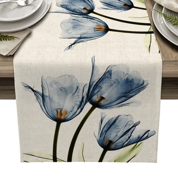 Konyha Dekor Anti-folt Étkező Asztal Terítő Téglalap alakú Asztal Futó Kék Tulipán asztali Futó Étkező Asztal