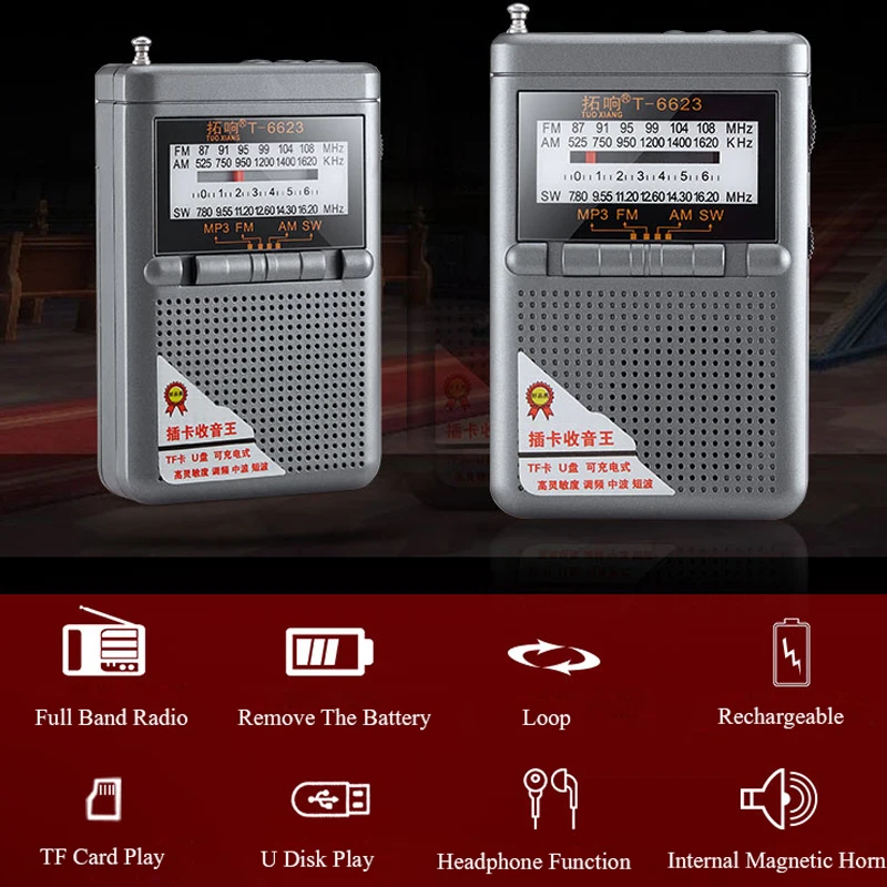 Mini AM /FM /SW Rádió Hordozható Hangszóró, MP3 Lejátszó Fejhallgató-csatlakozó Támogatja az USB TF Kártya Játék Pocket Rádiók1