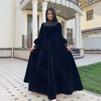 Msikoods Muszlim Fekete Velúr Női Estélyi Ruha Hosszú Ujjú Gyöngyök Magas Nyakú Dubai Szerény Báli Ruhák Plus Size Formális Ruha