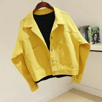 Sárga pamut hosszú ujjú farmer kabát női tavaszi, őszi új koreai változata a laza divat alkalmi blúz, kabát