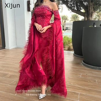 Xijun Piros Gyönyörű Estélyi Ruha Tollas Kristály Gyöngyökkel Báli Ruha 2023 Hivatalos Alkalom Báli Ruhák Nőknek Dubai Vestidos Elvágta